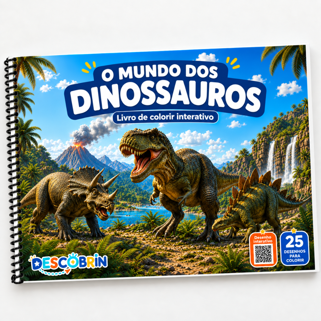 Livro O Mundo dos Dinossauros em formato horizontal, com espiral e selo de 25 desenhos para colorir