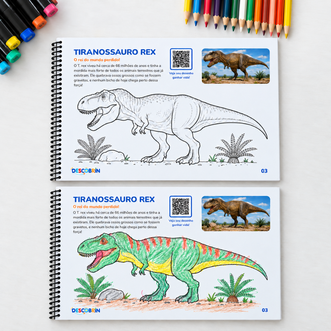 Páginas do Tiranossauro Rex do livro de colorir, uma para colorir e outra já pintada, ao lado de canetinhas e lápis