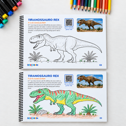 Páginas do Tiranossauro Rex do livro de colorir, uma para colorir e outra já pintada, ao lado de canetinhas e lápis