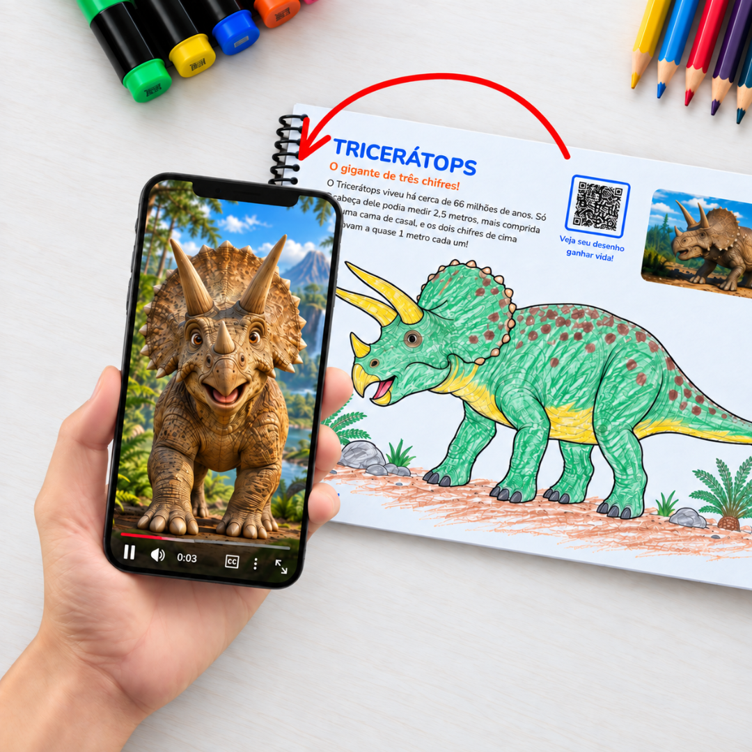 Mão segurando um celular que mostra o Tricerátops em vídeo ao escanear o QR Code da página pintada do livro