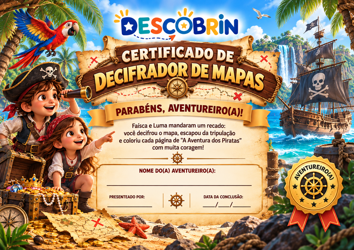 Certificado de Decifrador de Mapas com campos para nome, quem presenteou e data de conclusão