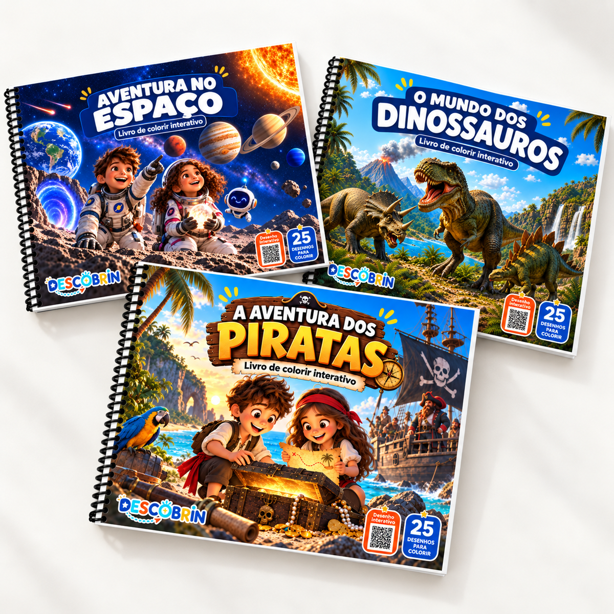 Os três livros de colorir da Descobrin lado a lado: Dinossauros, Piratas e Espaço