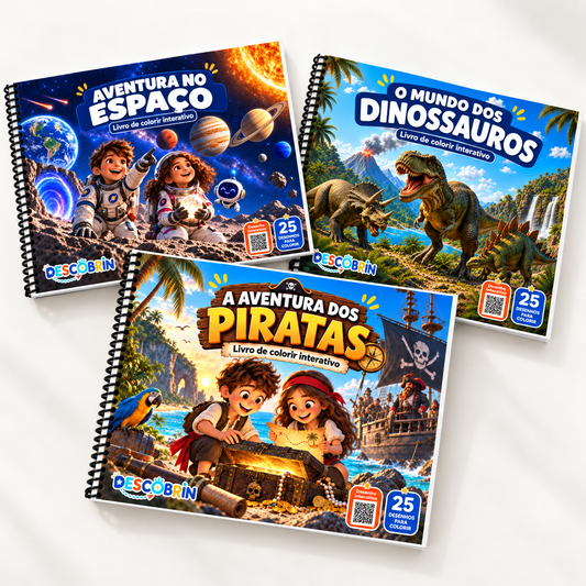 Os três livros de colorir da Descobrin lado a lado: Dinossauros, Piratas e Espaço