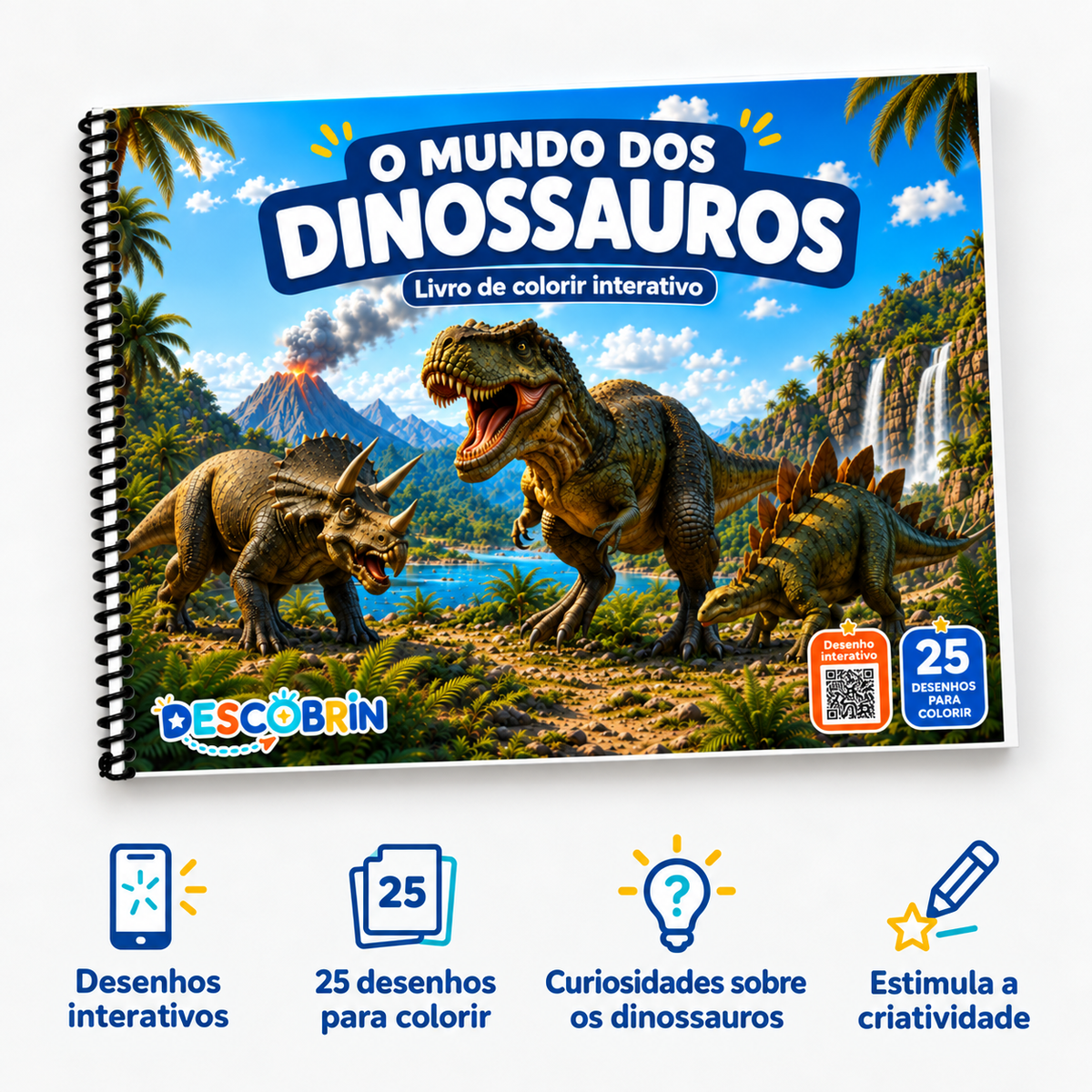 Livro de colorir de dinossauro da Descobrin, capa e páginas internas para pintar
