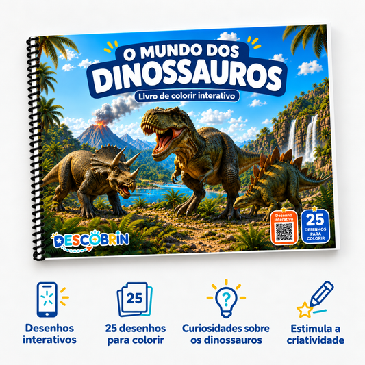 Livro de colorir de dinossauro da Descobrin, capa e páginas internas para pintar