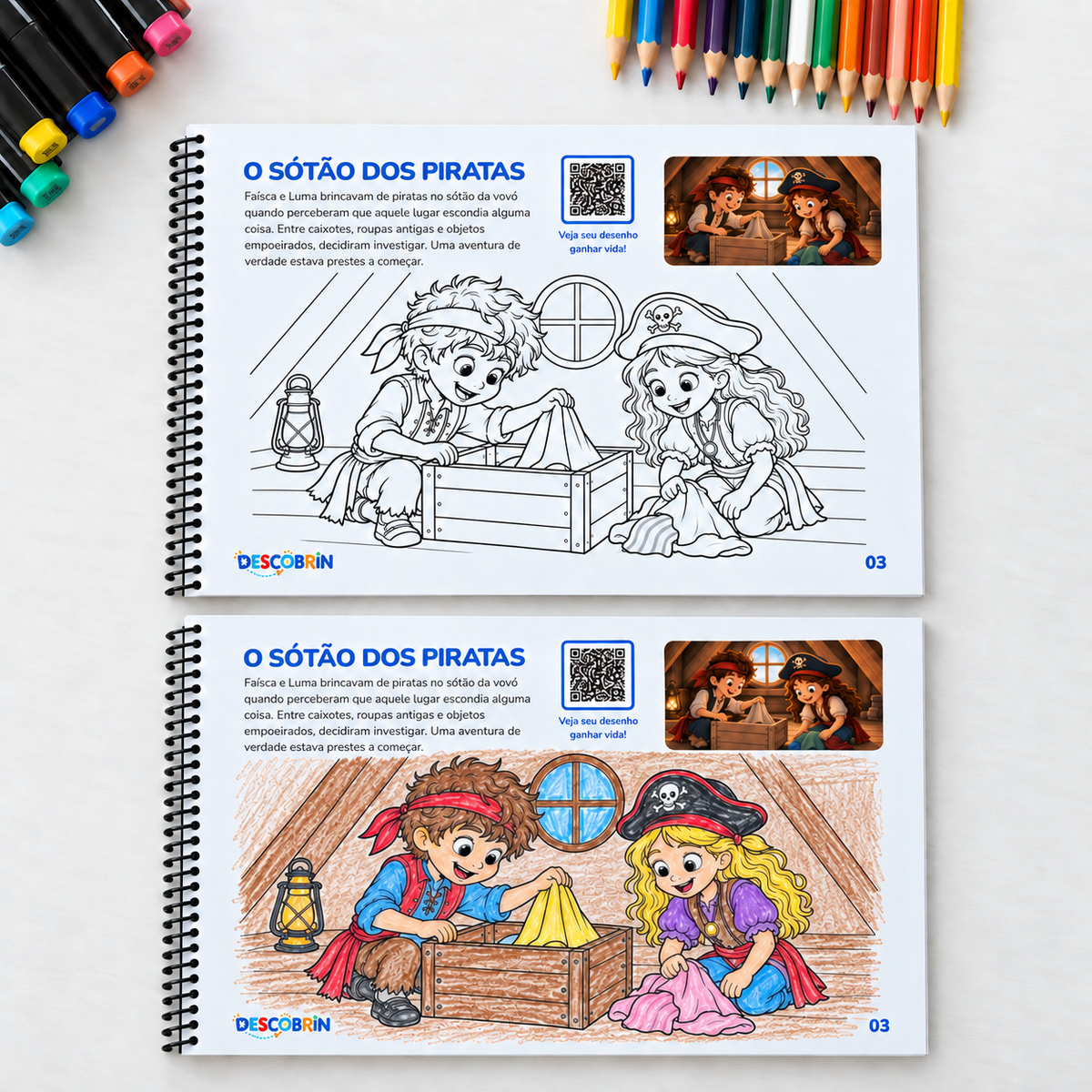 Páginas O sótão dos piratas do livro de colorir, uma para colorir e outra já pintada, com lápis e canetinhas