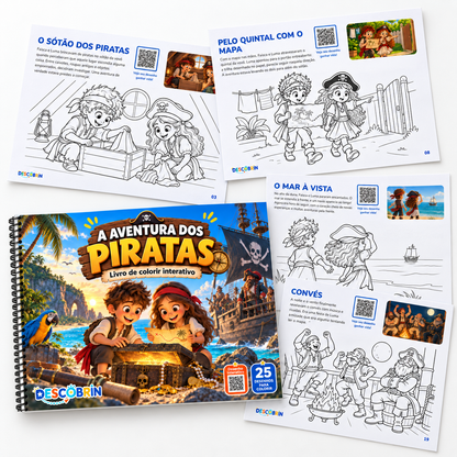 Capa e páginas para colorir do livro A Aventura dos Piratas, como O sótão dos piratas, Convés e O mar à vista