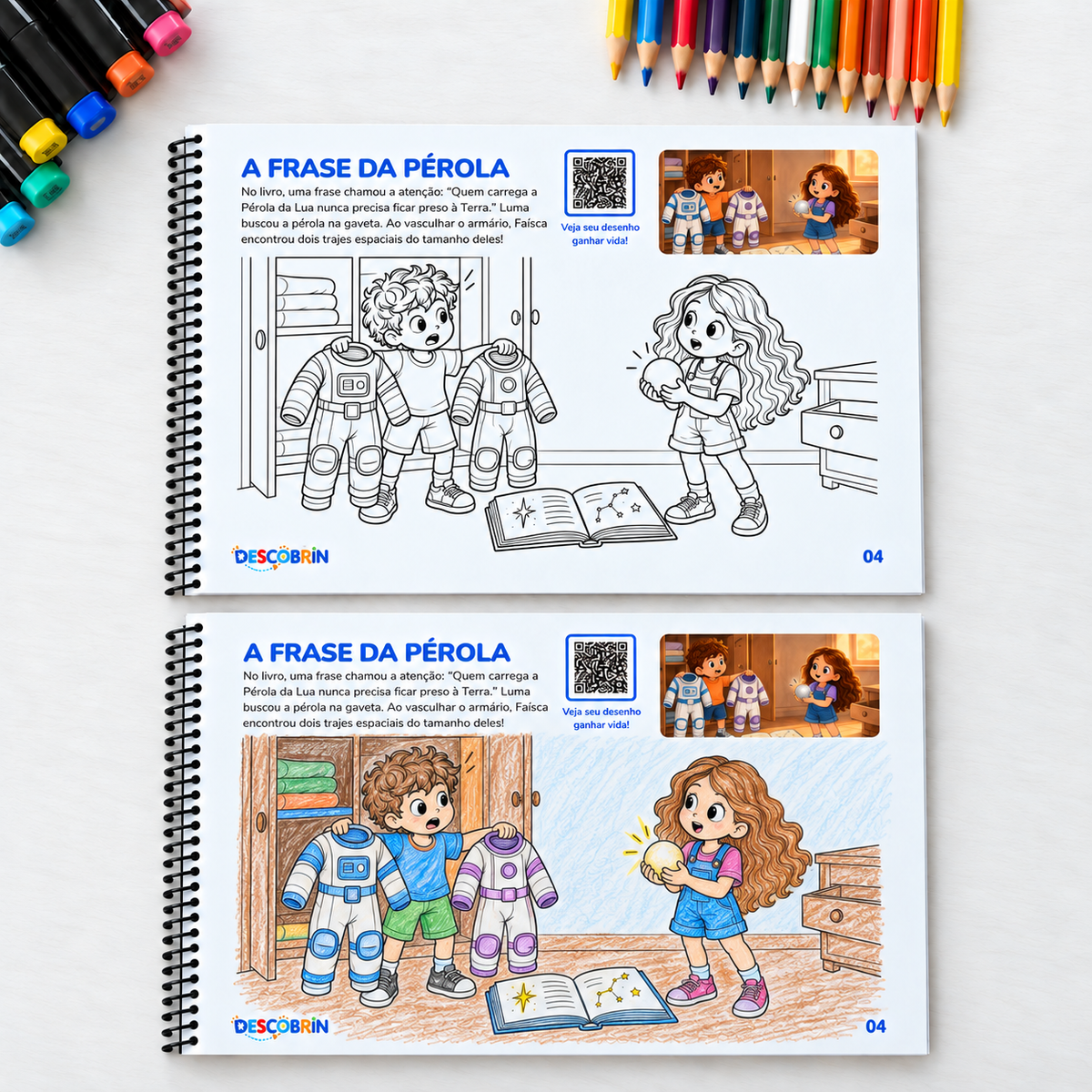 Páginas A frase da Pérola do livro de colorir, uma para colorir e outra já pintada, com lápis e canetinhas