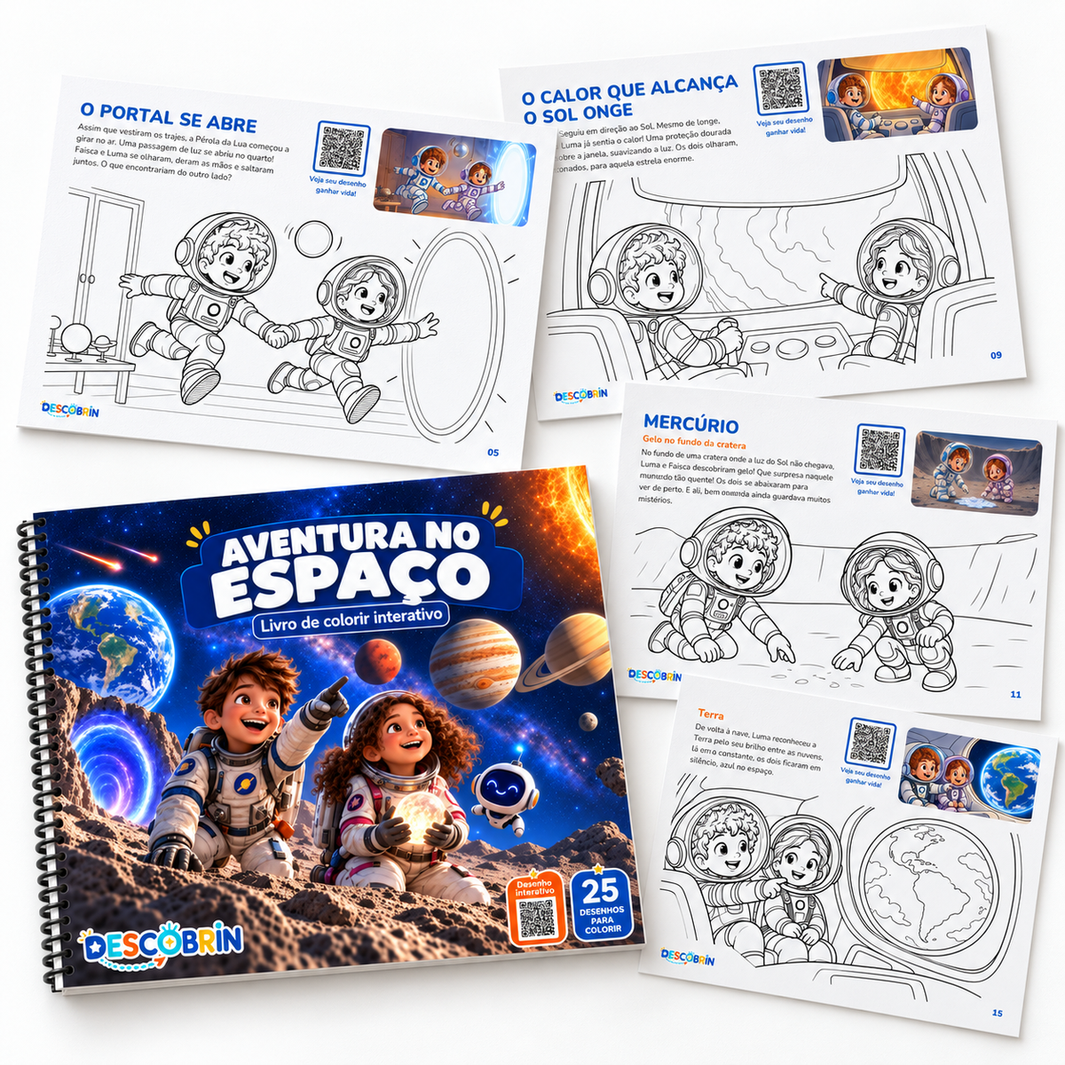 Capa e páginas para colorir do livro Aventura no Espaço, como O portal se abre e Mercúrio