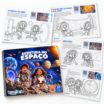 Capa e páginas para colorir do livro Aventura no Espaço, como O portal se abre e Mercúrio