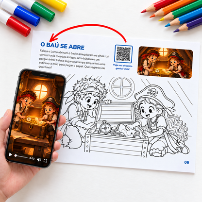 Mão segurando um celular que mostra a cena do baú do tesouro em vídeo ao escanear o QR Code da página