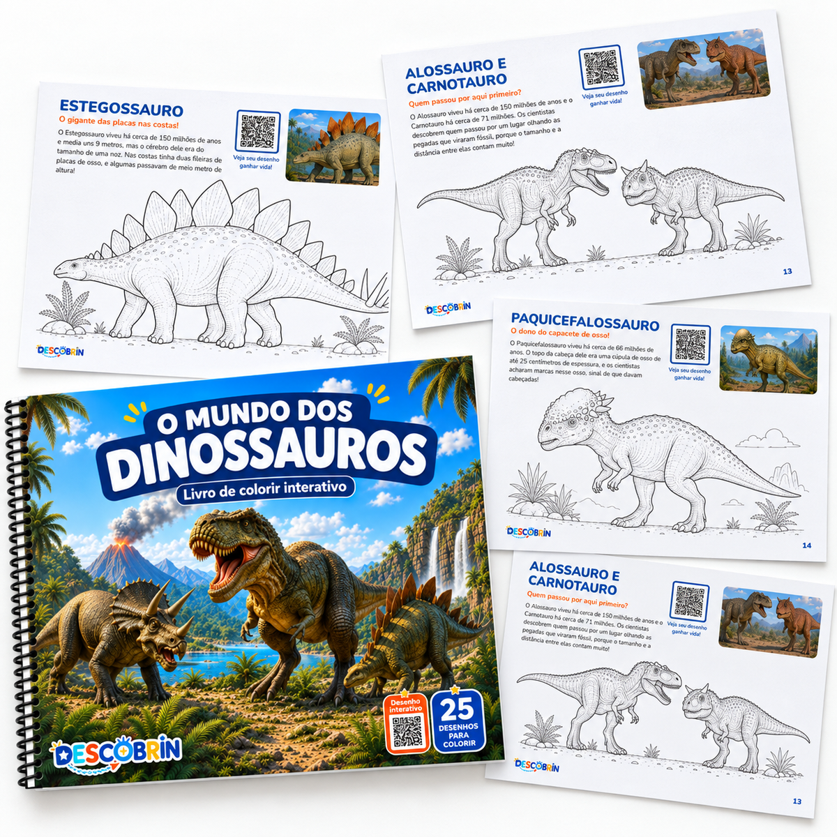 Capa e páginas para colorir do livro O Mundo dos Dinossauros, como Estegossauro e Paquicefalossauro
