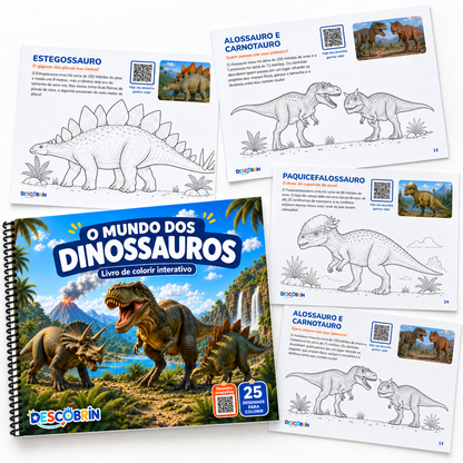 Capa e páginas para colorir do livro O Mundo dos Dinossauros, como Estegossauro e Paquicefalossauro