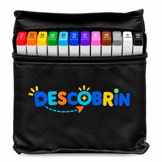 Estojo preto com o logo Descobrin e 12 canetinhas de duas pontas em cores variadas