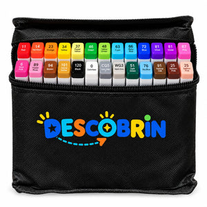 Estojo preto com o logo Descobrin e 24 canetinhas de duas pontas em cores variadas