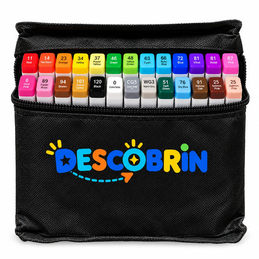 Estojo preto com o logo Descobrin e 24 canetinhas de duas pontas em cores variadas