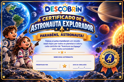 Certificado de Astronauta Explorador com campos para nome, quem presenteou e data de conclusão