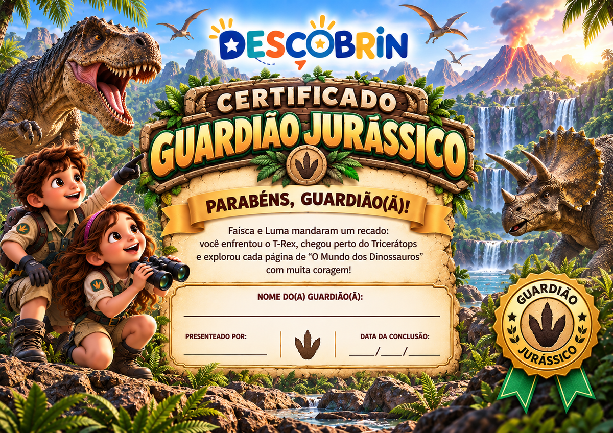 Certificado Guardião Jurássico com campos para nome, quem presenteou e data de conclusão