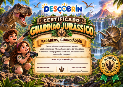 Certificado Guardião Jurássico com campos para nome, quem presenteou e data de conclusão