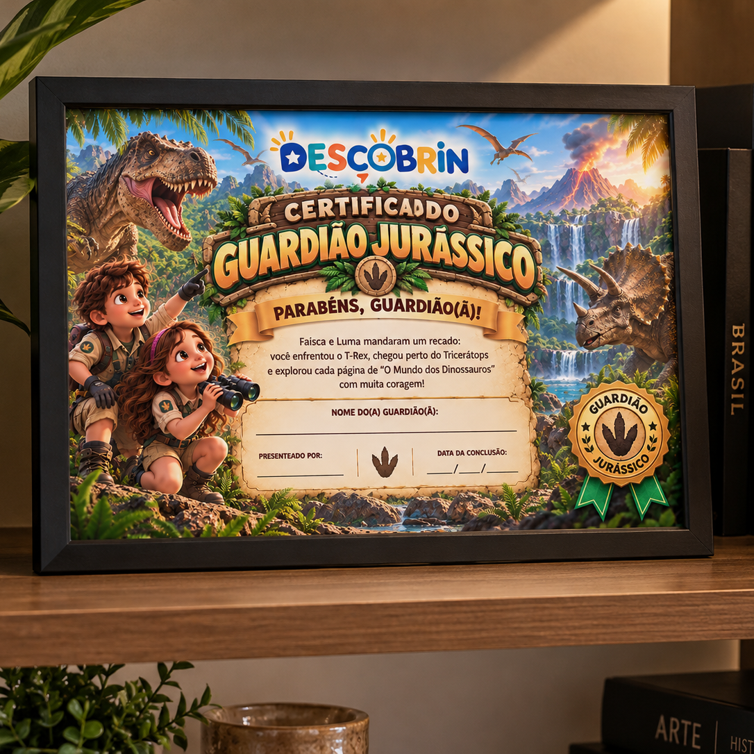 Certificado Guardião Jurássico da Descobrin em porta-retrato preto sobre uma prateleira, com o selo Guardião Jurássico