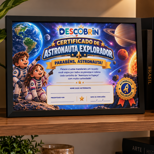 Certificado de Astronauta Explorador da Descobrin em porta-retrato preto sobre uma prateleira, com o selo Astronauta Explorador