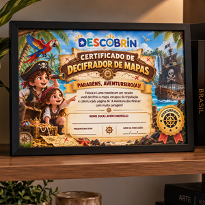 Certificado de Decifrador de Mapas da Descobrin em porta-retrato preto sobre uma prateleira, com selo Aventureiro