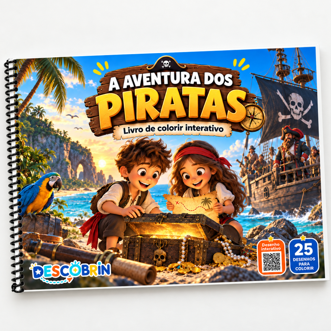 Livro A Aventura dos Piratas em formato horizontal, com espiral e selo de 25 desenhos para colorir