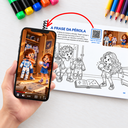 Mão segurando um celular que mostra a cena da Pérola em vídeo ao escanear o QR Code da página do livro