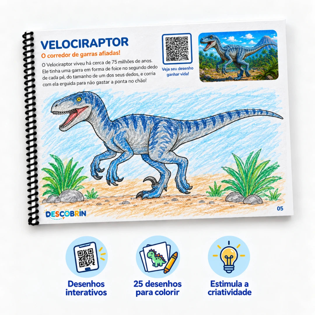 Página do Velociraptor pintada, com QR Code, do livro O Mundo dos Dinossauros da Descobrin