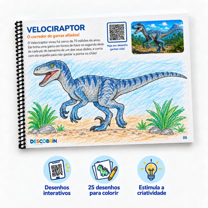 Página do Velociraptor pintada, com QR Code, do livro O Mundo dos Dinossauros da Descobrin