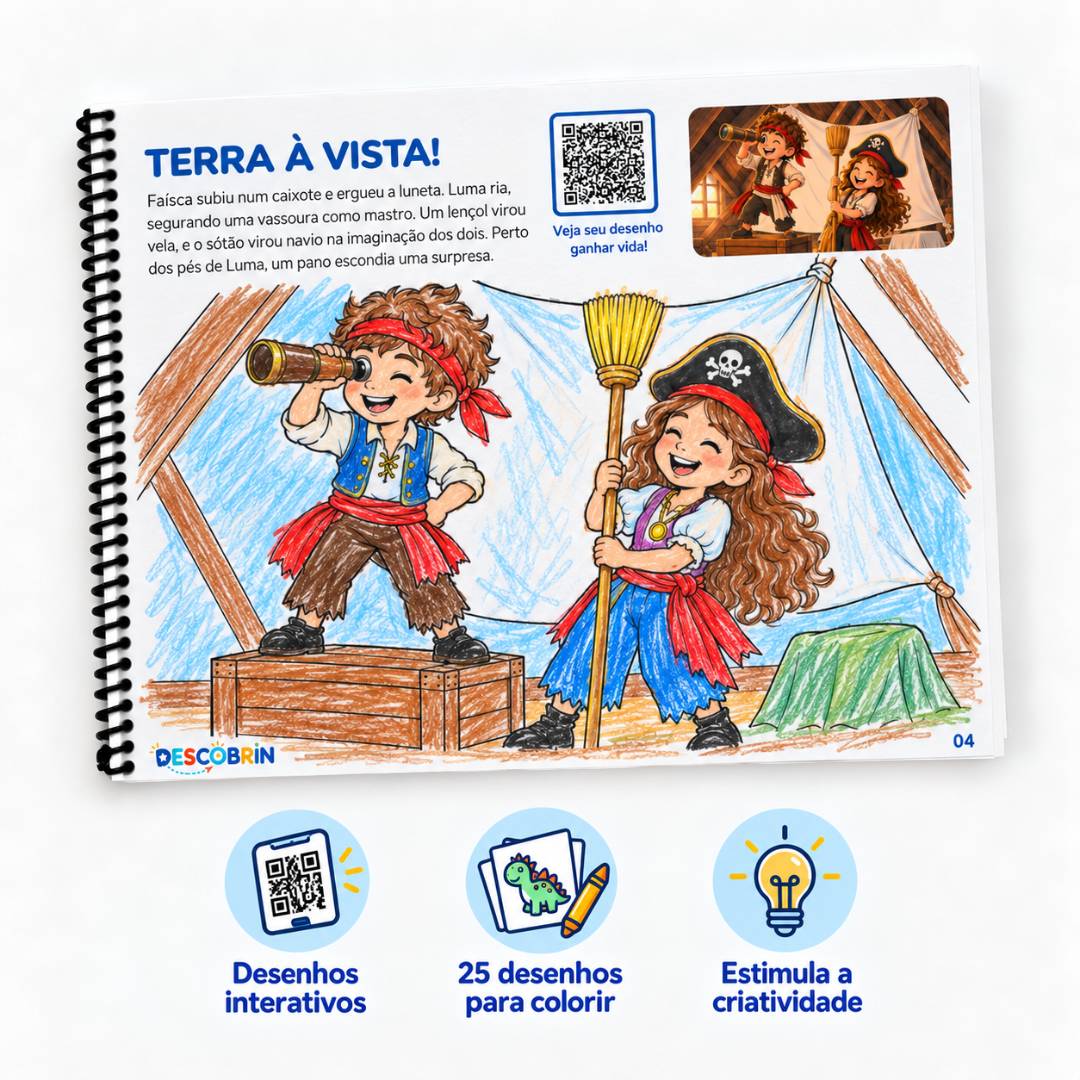 Página Terra à vista pintada, com duas crianças piratas, do livro A Aventura dos Piratas, com QR Code