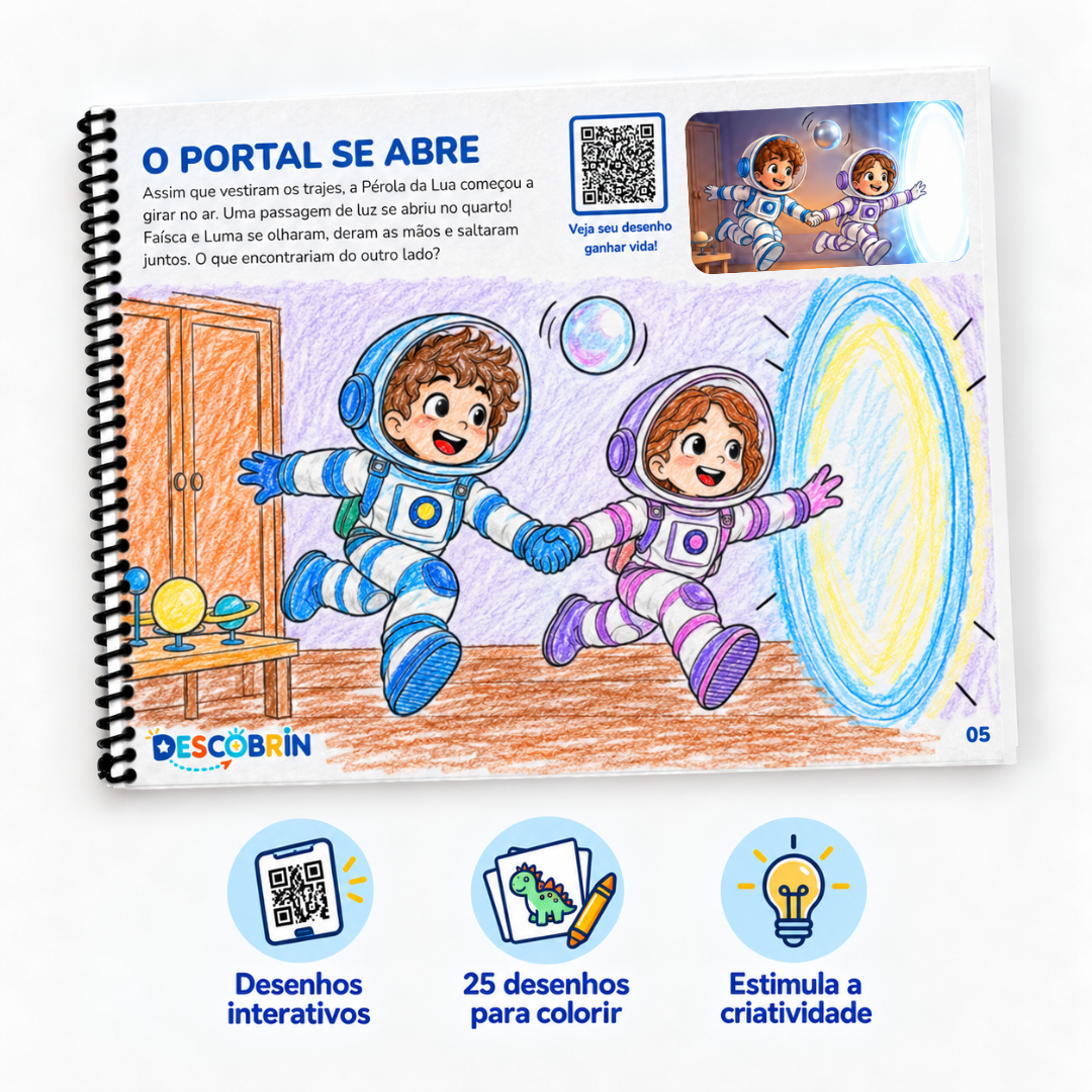 Página O portal se abre pintada do livro Aventura no Espaço, com ícones de desenhos interativos e 25 desenhos