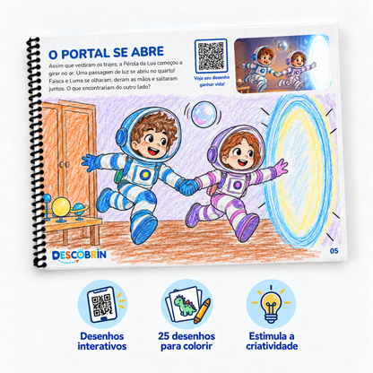 Página O portal se abre pintada do livro Aventura no Espaço, com ícones de desenhos interativos e 25 desenhos